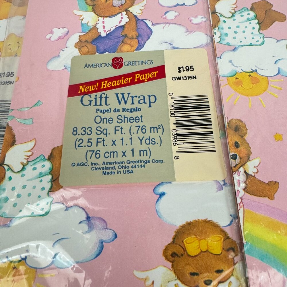 Vtg Pink Rainbow Clouds Stars Sun Teddy Bears Baby American Greetings‎ Gift Wrap - Picture 4 of 6